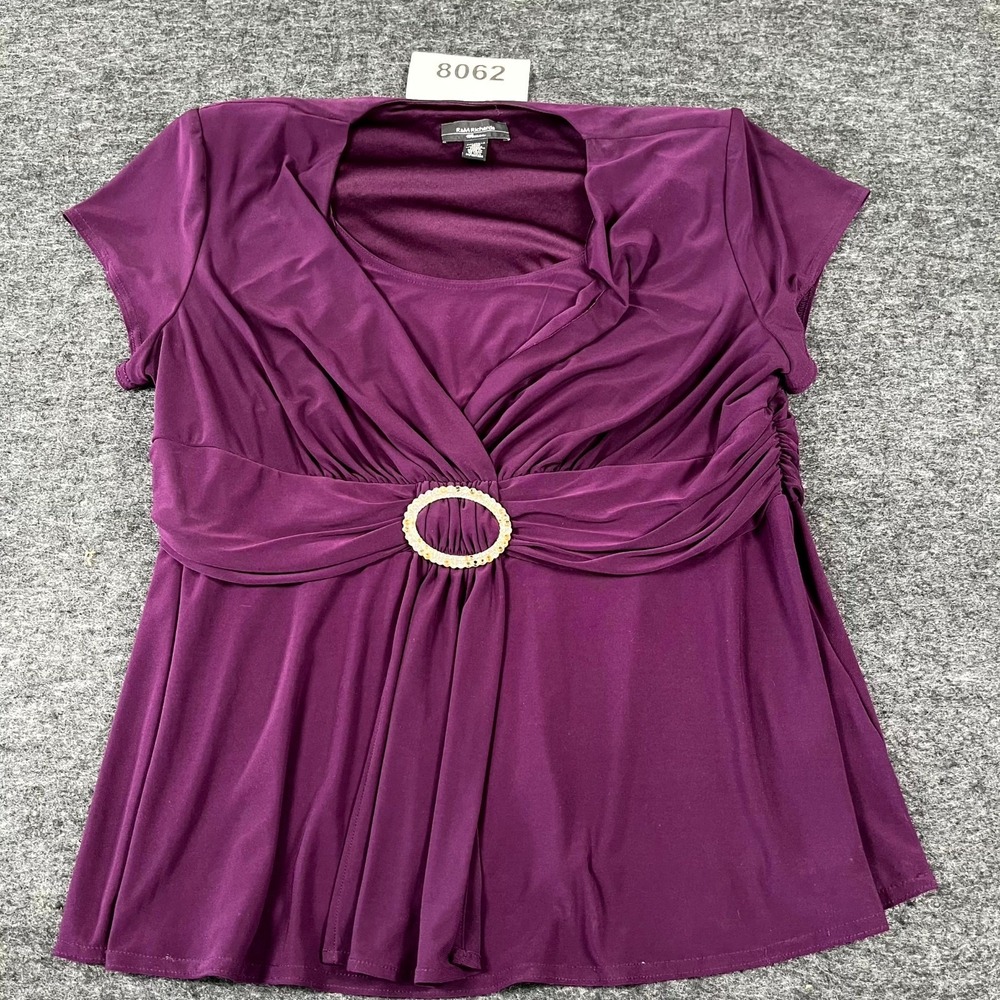 R&M Richards Blouse Top Womens 18W Purple Stretch Ruched Buckle Front Round Neck